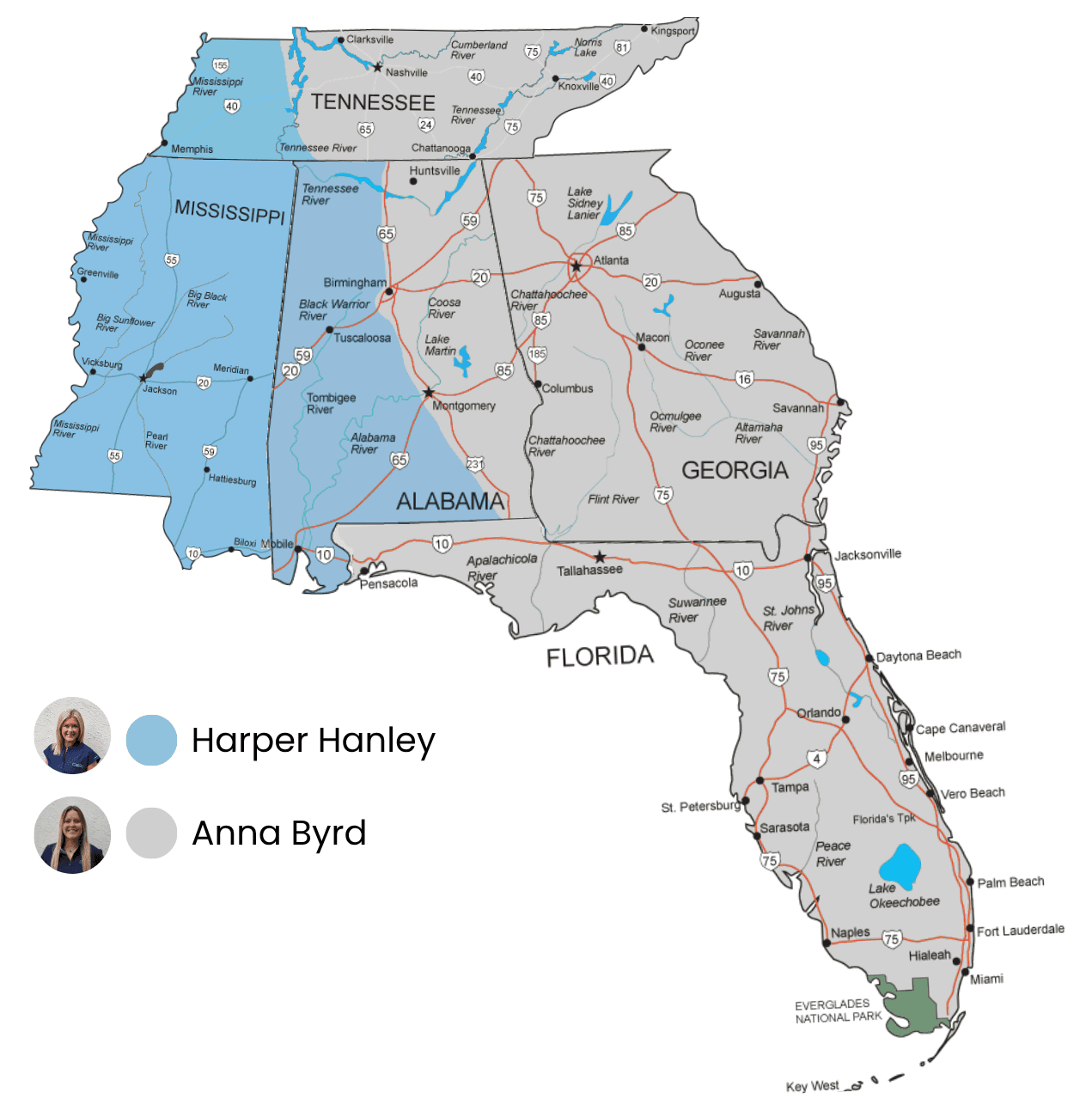 Alabama sales territories — Harper Hanley covers west of Birmingham, Anna Byrd covers east of Birmingham
